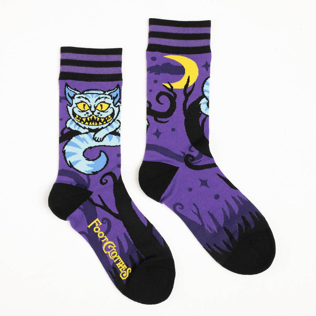 Cheshire Cat Crew Socks front view — Alice in Wonderland Cheshire Cat grinning design on gothic crew sock