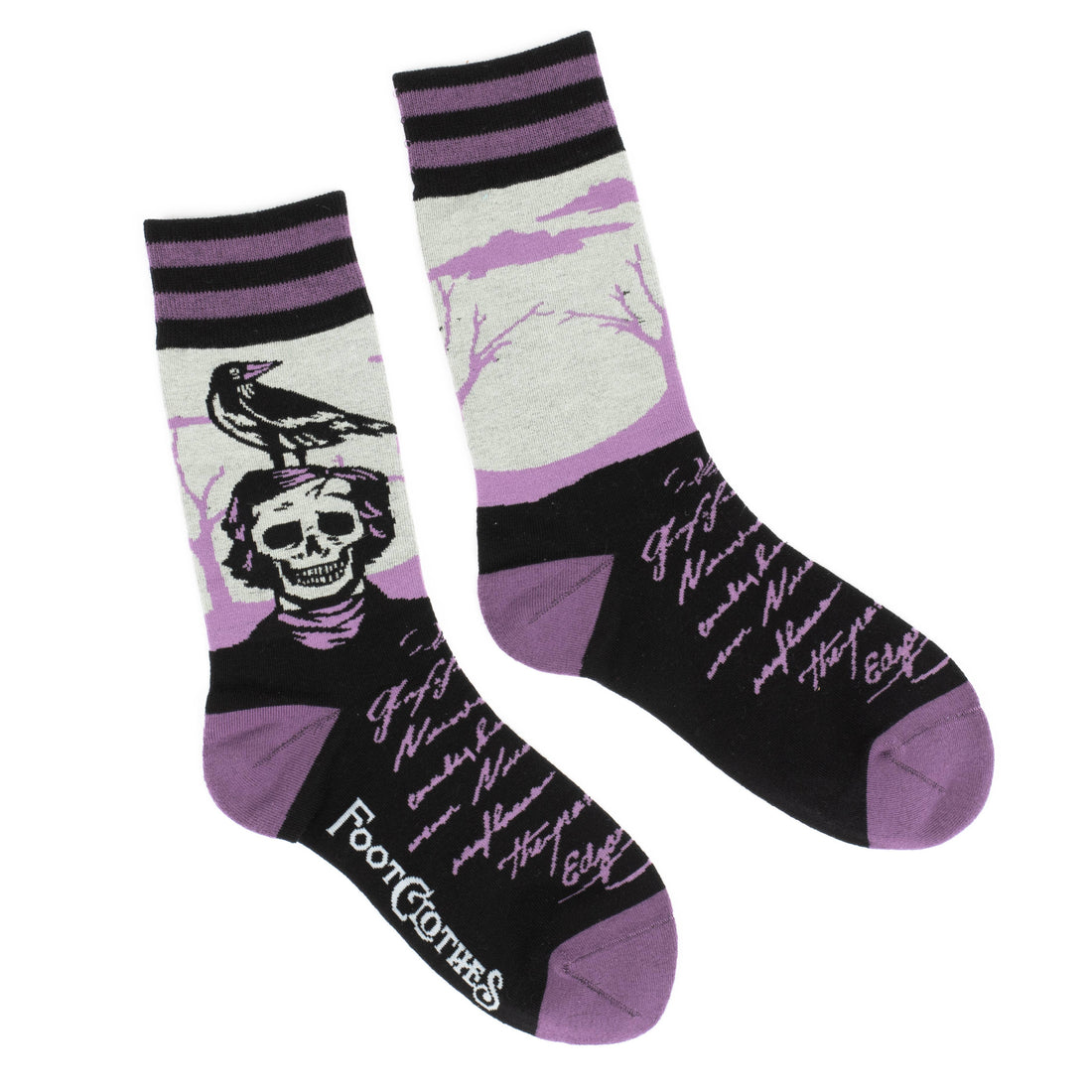 The Raven Poe Crew Socks front view — Edgar Allan Poe Raven gothic literary design on dark novelty crew sock