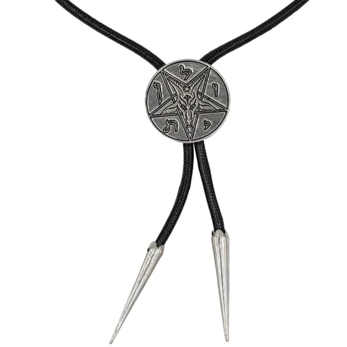 A black cord bolo tie featuring a circular silver-toned metal centerpiece with an engraved pentagram design, and two pointed silver-toned cord tips.  The pentagram has a goat head.