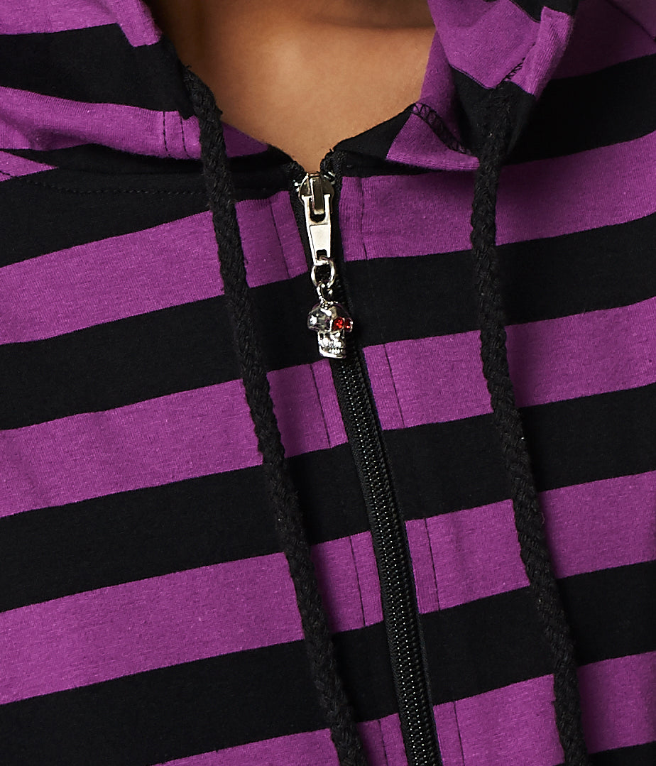 Cat Ears Striped Hoodie Womens Black Purple Stripe Zip Up Nekomimi Jacket