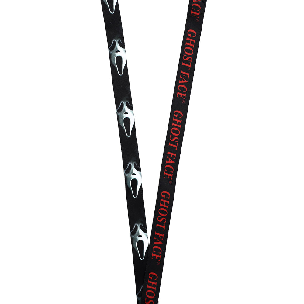 View of both sides of the reversible fabric of the Ghostface lanyard