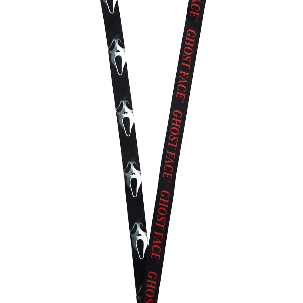 Close-up of the ghostface reversible lanyard with "GHOSTFACE" text on one side and an allover Ghostface Mask print on the other side
