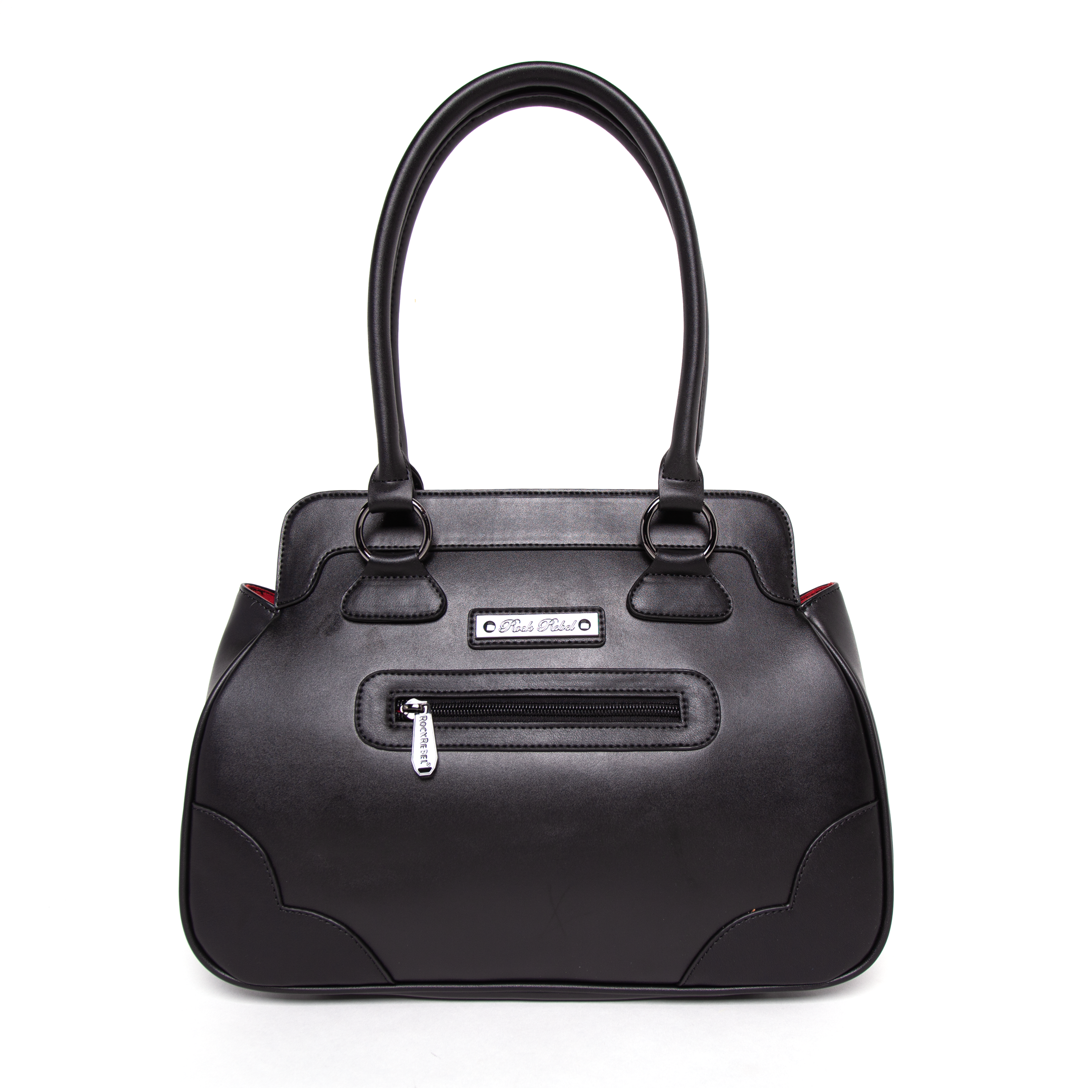 Back of Michael Myers Halloween II handbag featuring zippered pocket and official Rock Rebel logo plaque
