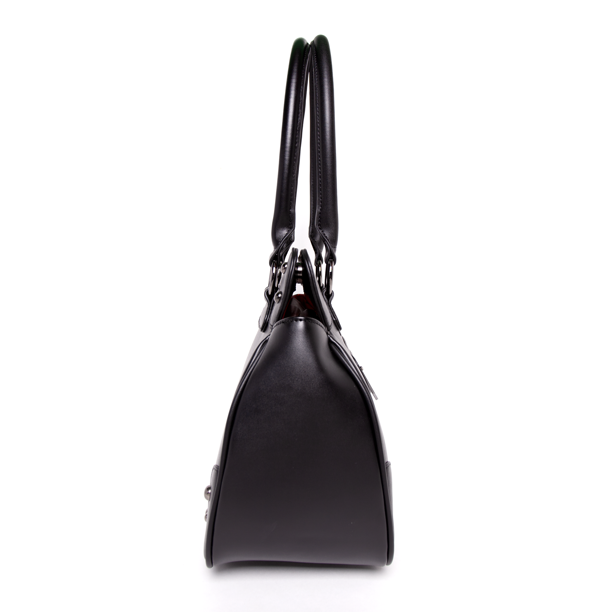 Side profile of Michael Myers Halloween II bowler purse with structured black vegan leather and double handles
