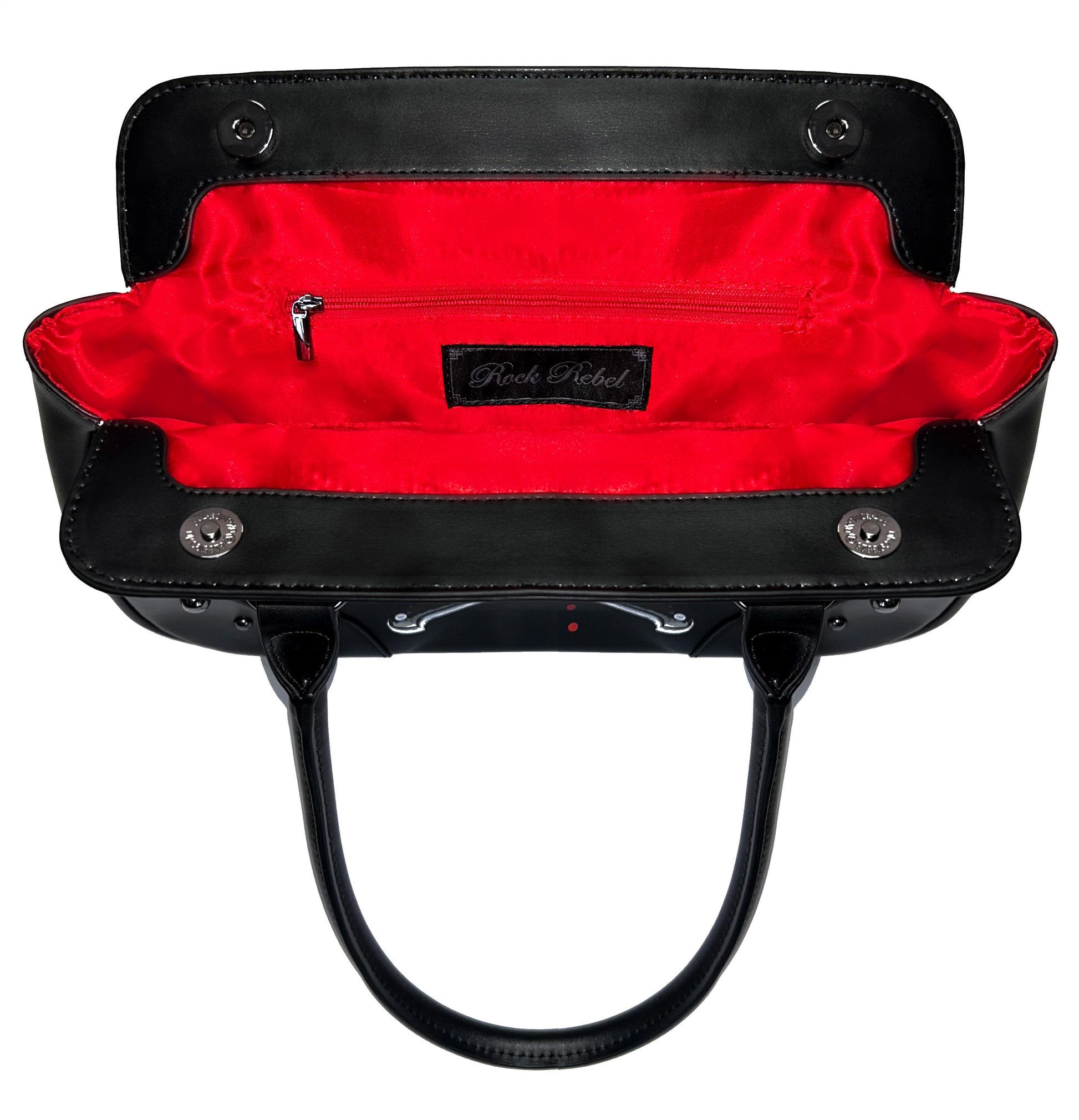 Top-down view inside Halloween II Michael Myers purse with red satin interior and magnetic snap closures