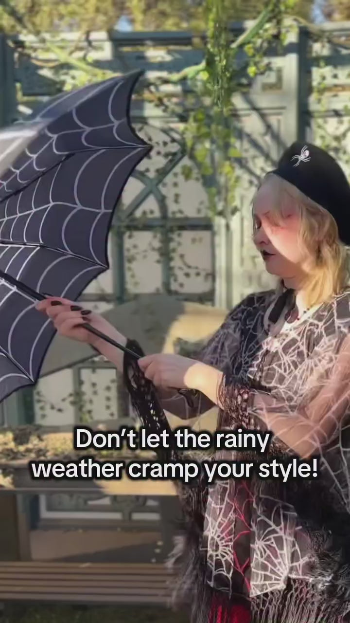 Black umbrella with spiderweb print.  The handle is a human skull.  Button push to open the umbrella.  