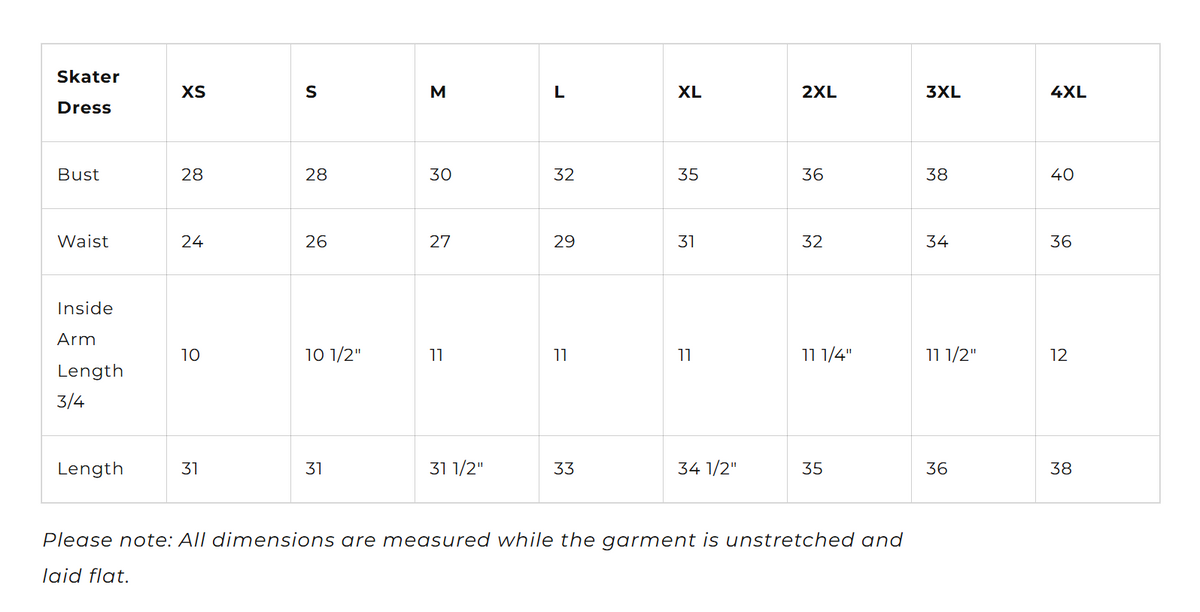 size chart for k666 skater dresses at nerd imports