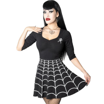 Close up of Kreepsville spiderweb skater dress showing spider chest detail scoop neck and white web pattern skirt