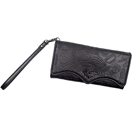 Kreepsville 666 Gothic Embossed Skull Death Bat Trifold Wristlet Wallet for Women