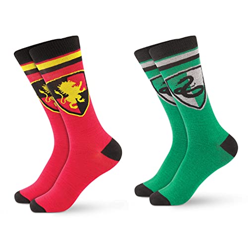 Hyp Harry Potter Socks Mens and Womens Socks Featuring Gryffindor and Slytherin Crests | 2 Pack Casual Crew Socks – Red/Green