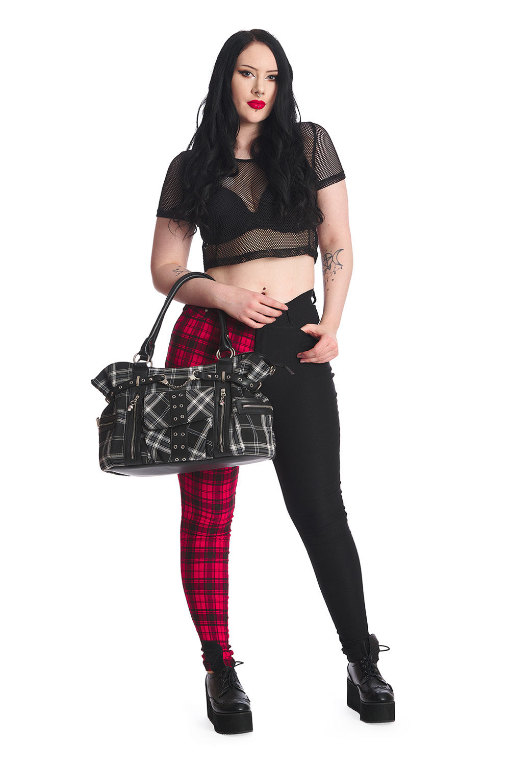 Rise Up Handcuff Goth Punk Rock Black and White Plaid Tartan Tote Crossbody Bag Women's Purse