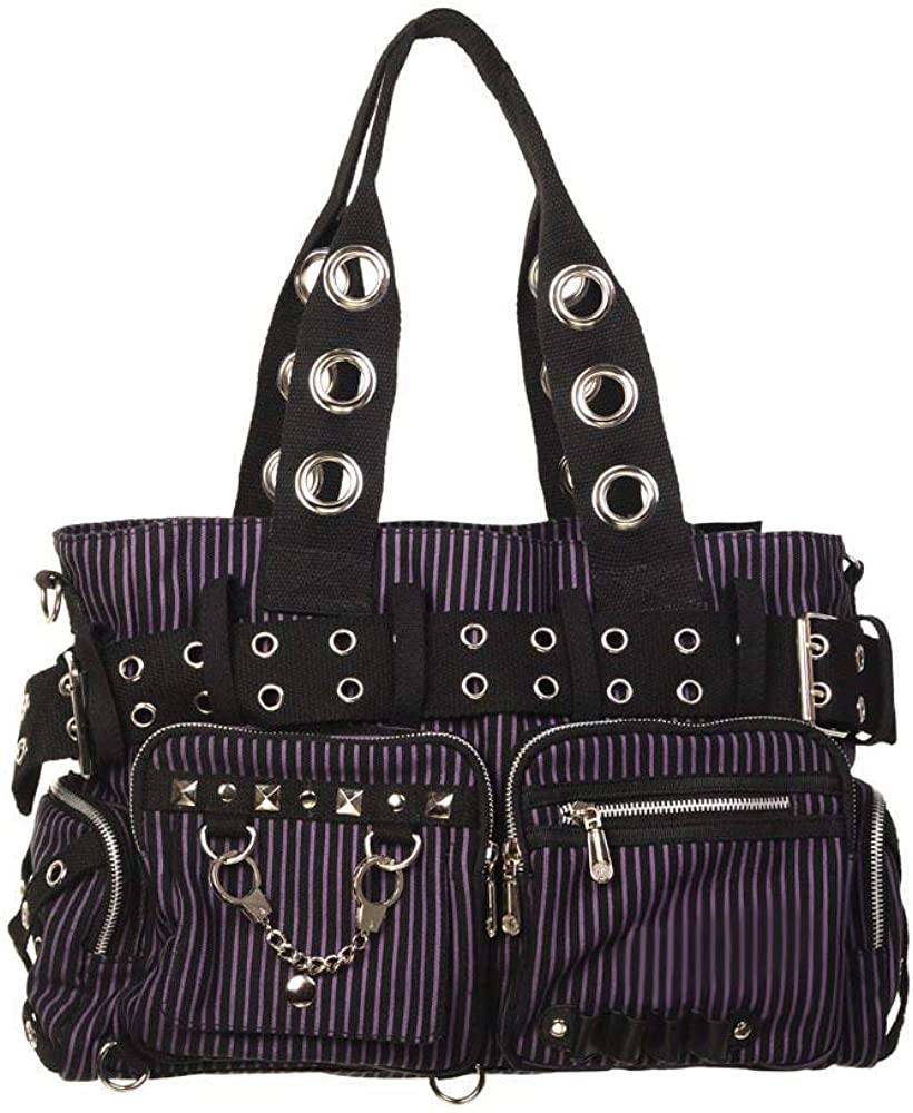 Lost Queen Striped Punk Rock Steampunk Purse with Handcuff Skull Charm