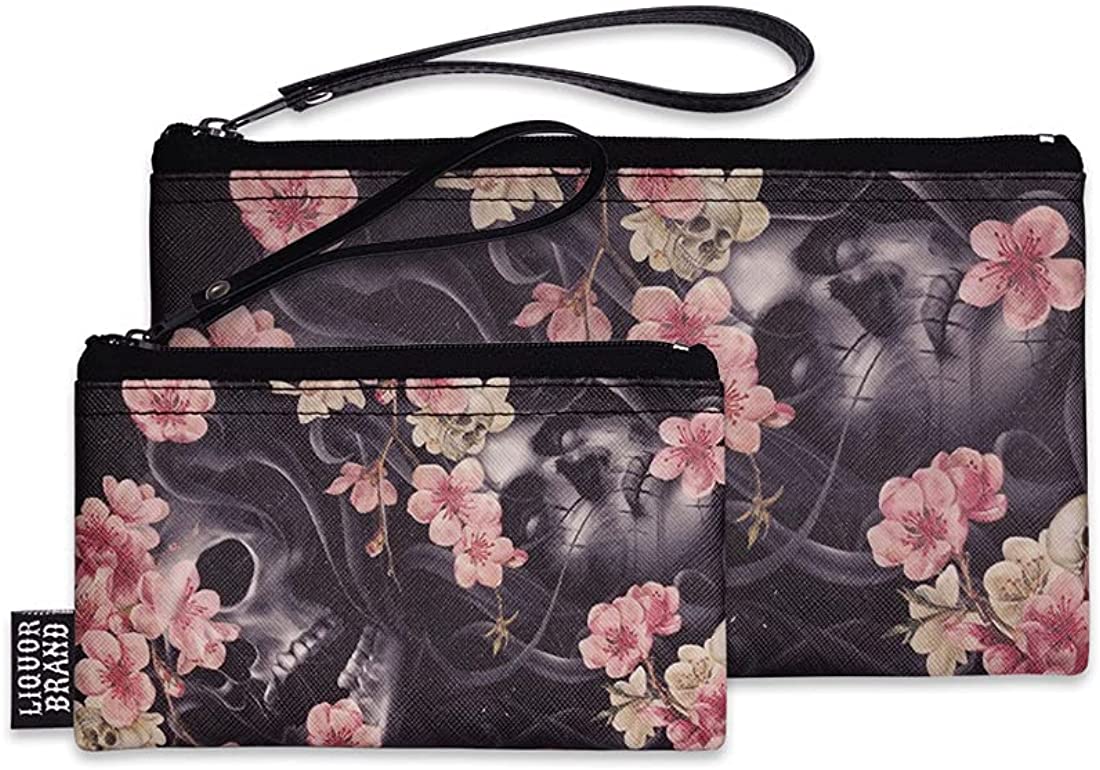 Liquorbrand Pink Sakura Flowers and Skulls Dia De Los Muertos Wristlet Pouch Bag and Coin Purse Set