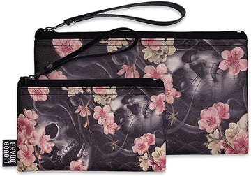 Liquorbrand Pink Sakura Flowers and Skulls Dia De Los Muertos Wristlet Pouch Bag and Coin Purse Set
