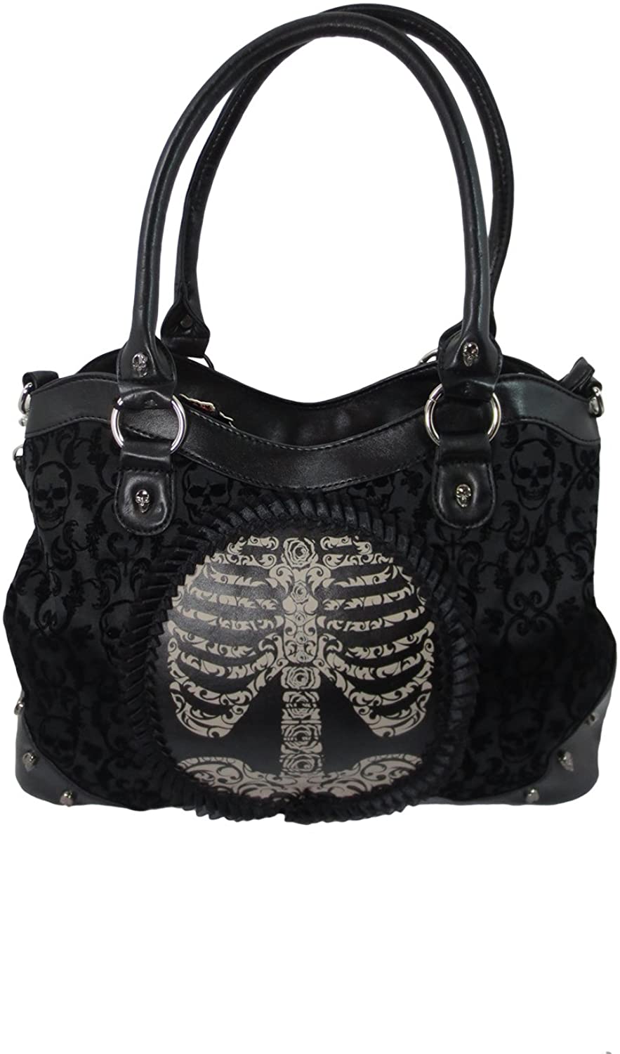 Lost Queen Black Goth Steampunk Flocked Ribcage Skeleton Cameo Handbag Shoulder Bag, Large