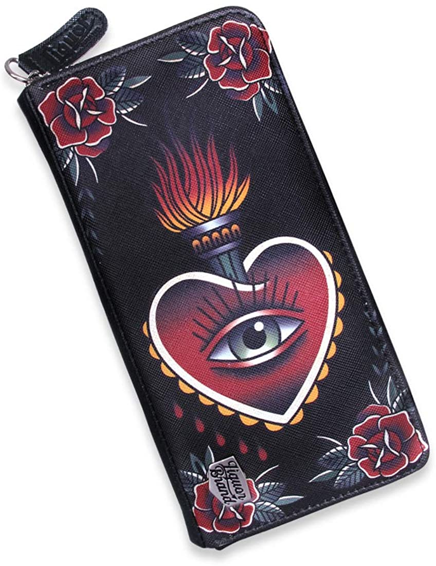 Liquorbrand Innervision Women's Zip Around Clutch Wallet Eye Heart Flower Rockabilly