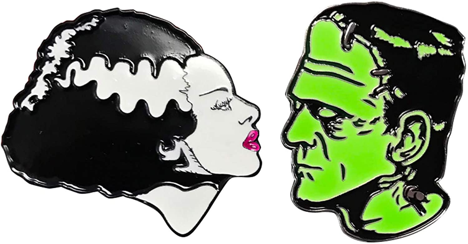 Rock Rebel Bride of Frankenstein & Frankenstein Glow in the Dark Enamel Pin Set