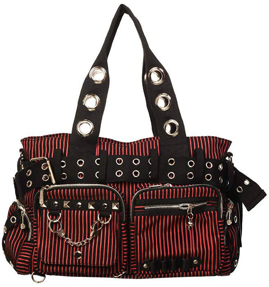 Lost Queen Striped Punk Rock Steampunk Purse with Handcuff Skull Charm