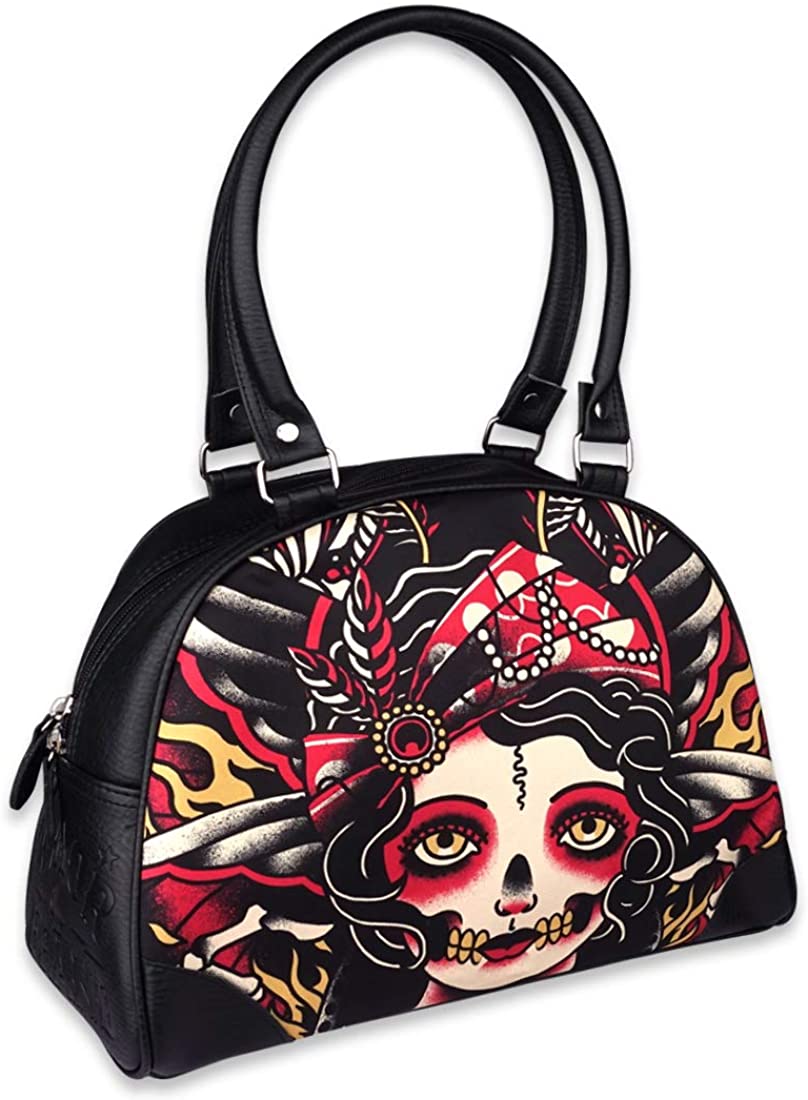 Liquorbrand Faux Leather Bowler Purse Women's Handbag Choose From Dark Goth Retro Tattoo Print Ladies Bag