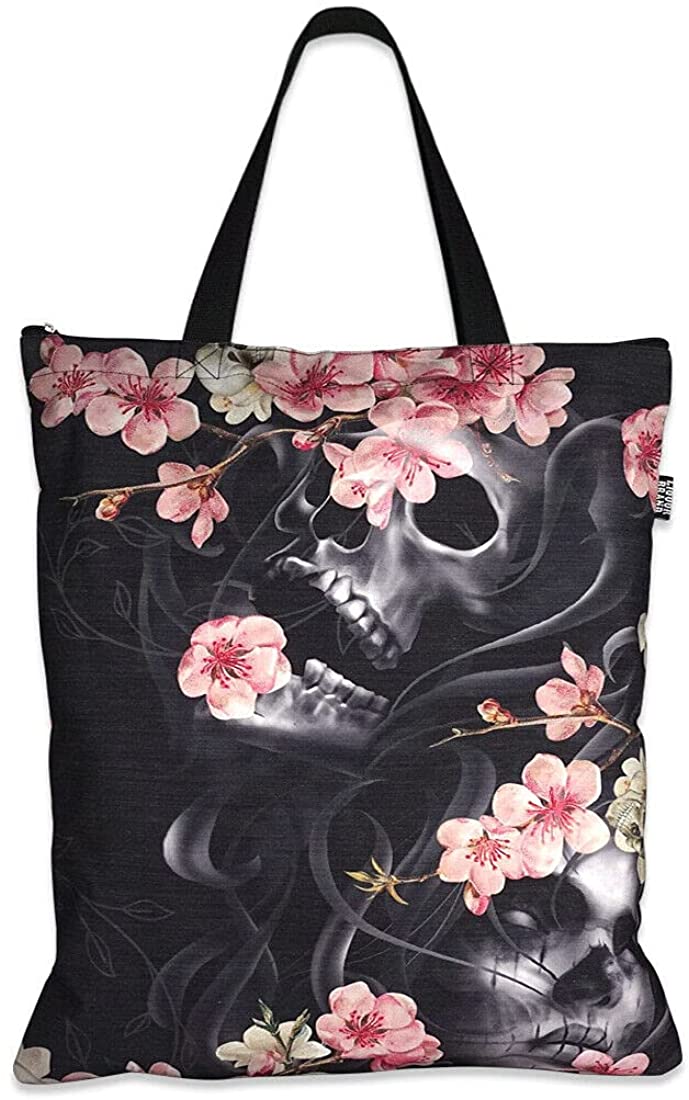 Liquorbrand Sakura Cherry Blossoms and Skull Tote Bag 17 x 18" Canvas Shopping Shopper with Zipper