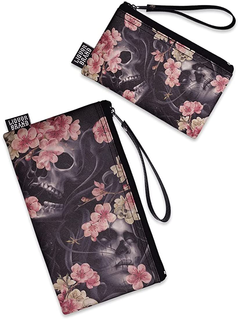 Liquorbrand Pink Sakura Flowers and Skulls Dia De Los Muertos Wristlet Pouch Bag and Coin Purse Set