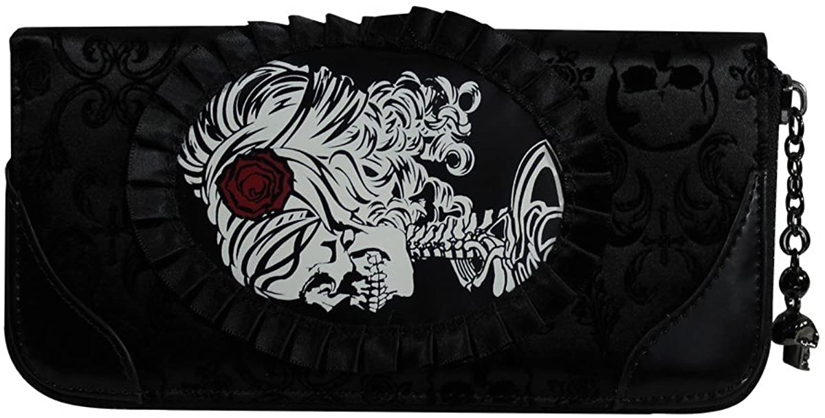 Lost Queen Black Flocked Cameo Skull Lady Rose Gothic Zip Around Wallet