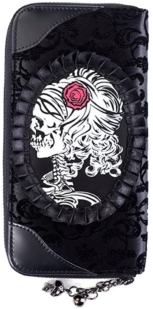 Lost Queen Black Flocked Cameo Skull Lady Rose Gothic Zip Around Wallet