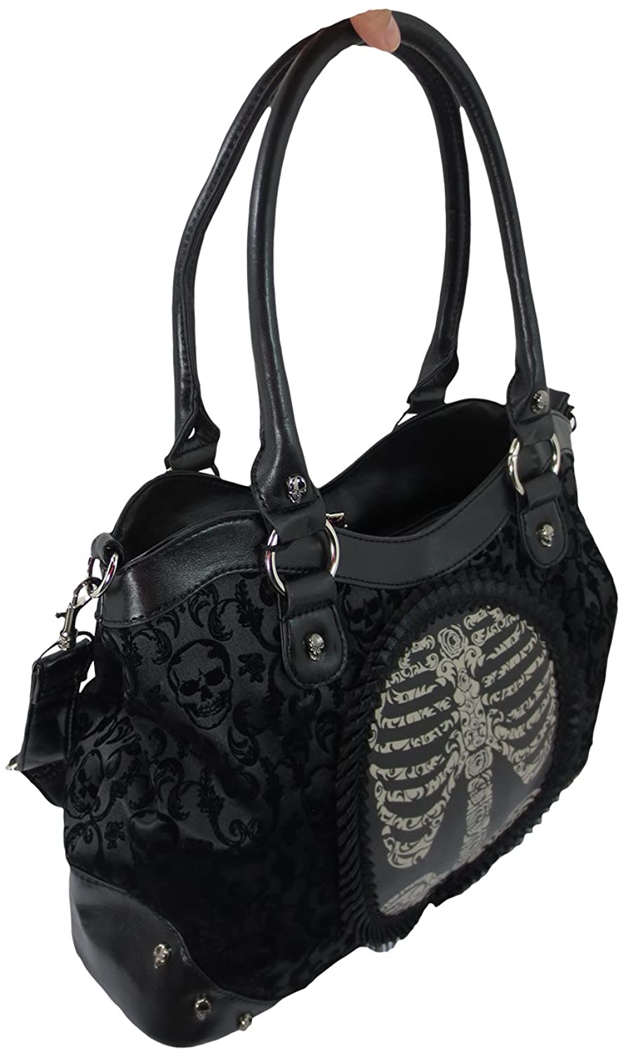Lost Queen Black Goth Steampunk Flocked Ribcage Skeleton Cameo Handbag Shoulder Bag, Large