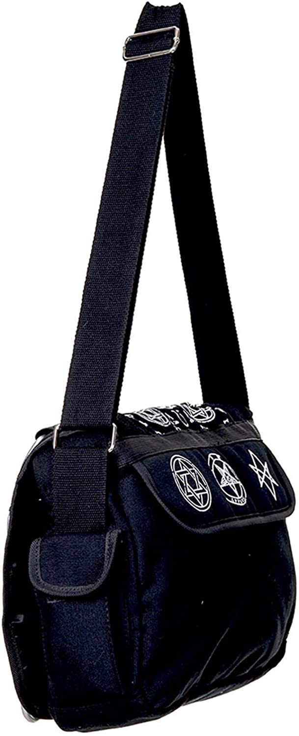 Lost Queen Stand Still Handbag - Woven Pentagram Gothic Purse, Black Canvas With Multiple Pockets