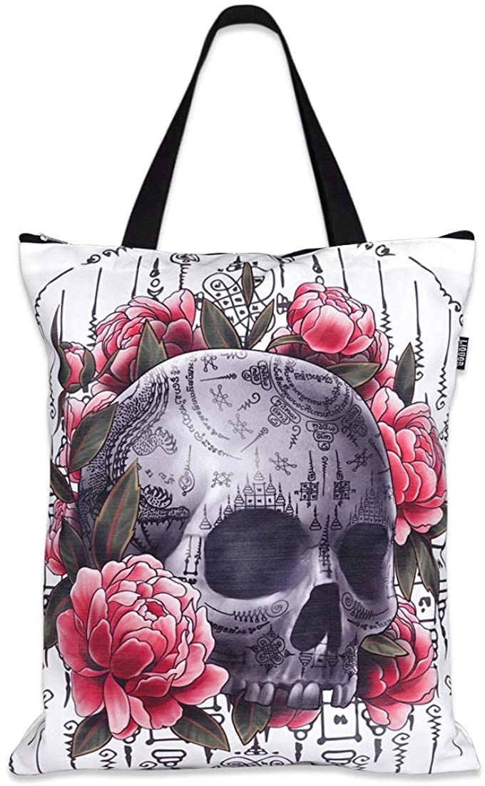 Liquorbrand Sak Yant Asian Tattoo Skull Tote Bag 17 x 18" Canvas Shopping Shopper with Zipper