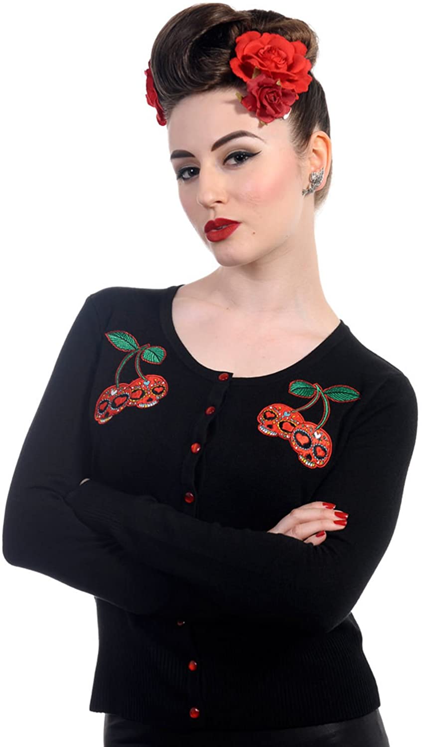 Lost Queen Rockabilly Pinup Skull Cherries Black Knit Cardigan