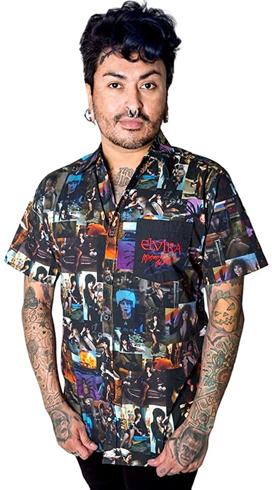 kreepsville 666 Elvira Mistress of The Dark Movie Shirt Men's Button Down Collared Short Sleeve Photo Collage Sublimated Horror Print