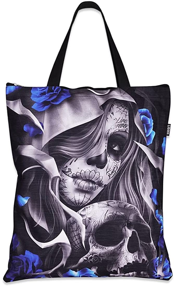 Liquorbrand Los Muertos Day of the Dead Tattoo Tote Bag 17 x 18" Canvas Shopping Shopper with Zipper