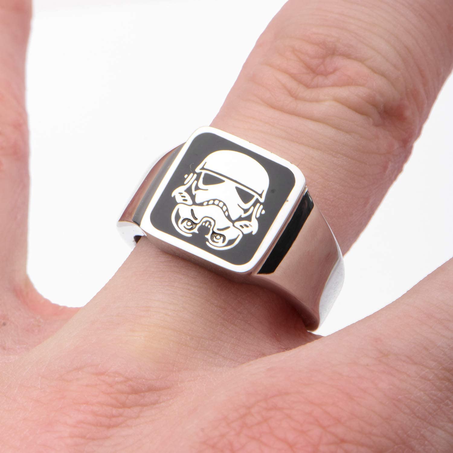 Star Wars Jewelry Men's Stainless Steel Stormtrooper Square Top Ring, Black/Silver, One Size