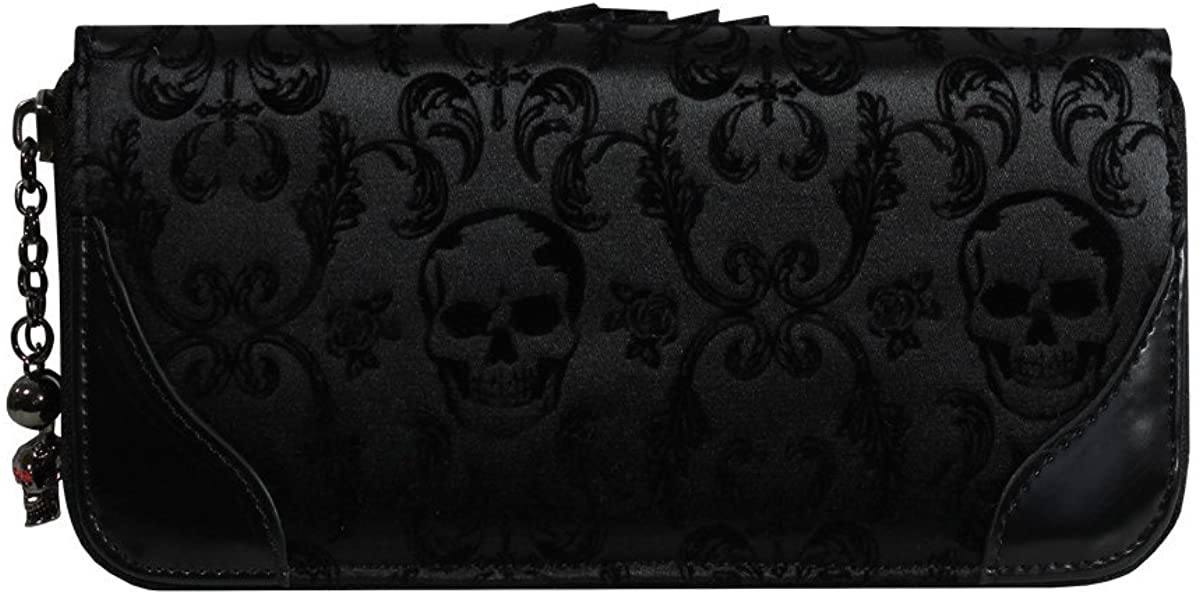 Lost Queen Black Flocked Cameo Skull Lady Rose Gothic Zip Around Wallet