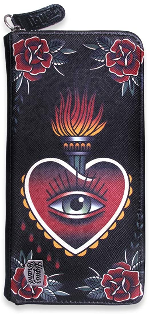 Liquorbrand Innervision Women's Zip Around Clutch Wallet Eye Heart Flower Rockabilly