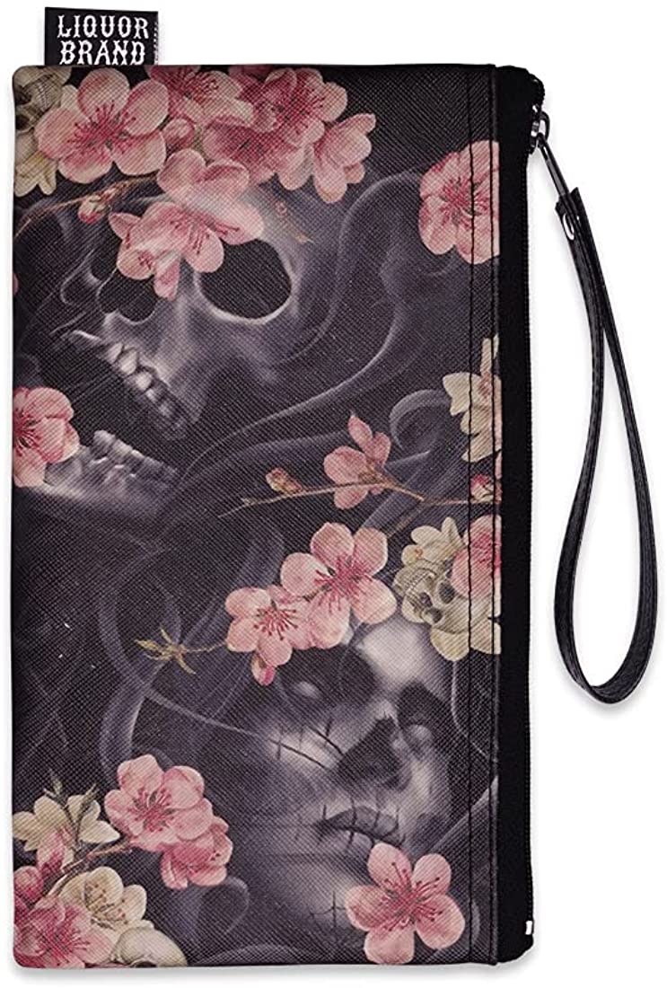 Liquorbrand Pink Sakura Flowers and Skulls Dia De Los Muertos Wristlet Pouch Bag and Coin Purse Set