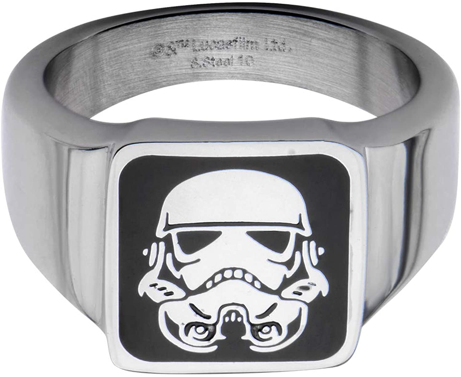 Star Wars Jewelry Men's Stainless Steel Stormtrooper Square Top Ring, Black/Silver, One Size