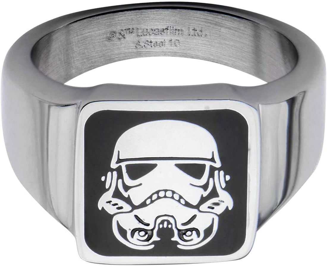 Star Wars Jewelry Men's Stainless Steel Stormtrooper Square Top Ring, Black/Silver, One Size