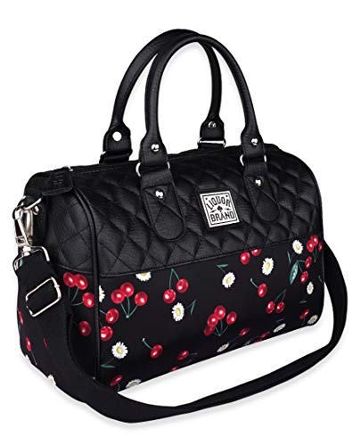 Liquorbrand Daisy Cherry Black Women's Bowler Bag Purse Quilted Faux Leather Handbag With Adjustable Shoulder Strap, 12"x8"x6"