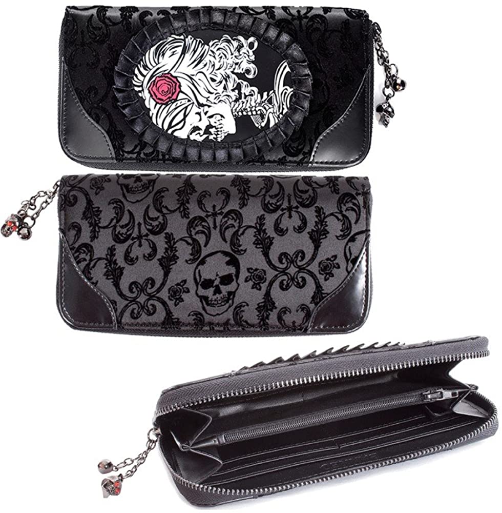 Lost Queen Black Flocked Cameo Skull Lady Rose Gothic Zip Around Wallet