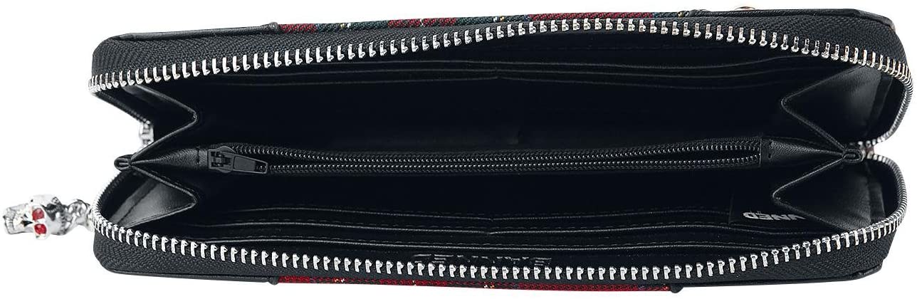 Lost Queen Red Tartan Plaid Punk Handcuff Skull Charm Zip Around Wallet