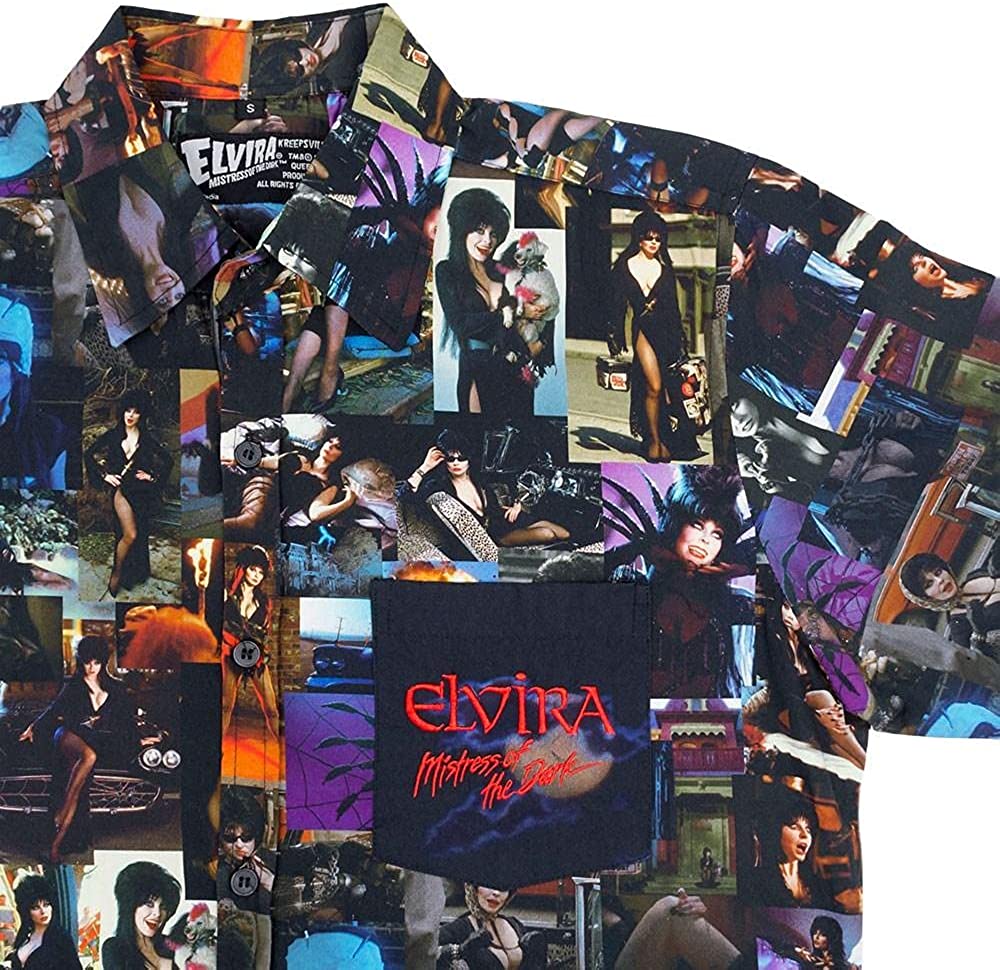 kreepsville 666 Elvira Mistress of The Dark Movie Shirt Men's Button Down Collared Short Sleeve Photo Collage Sublimated Horror Print