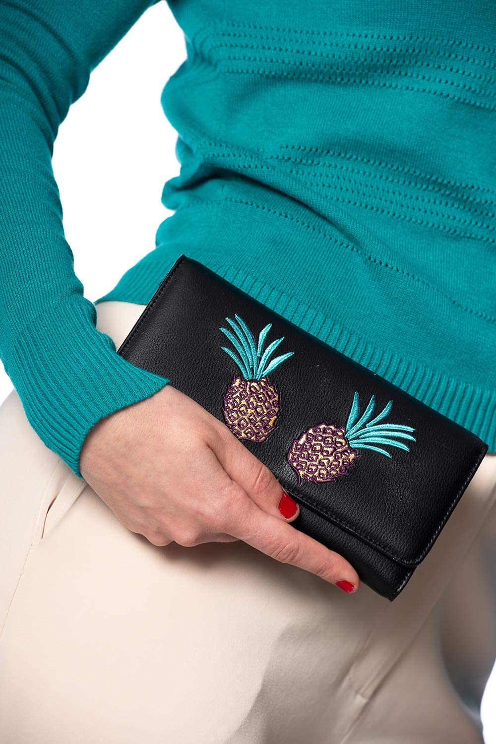 Lost Queen Women's Pineapple Flap Wallet Pina Colada Vintage Embroidered Print