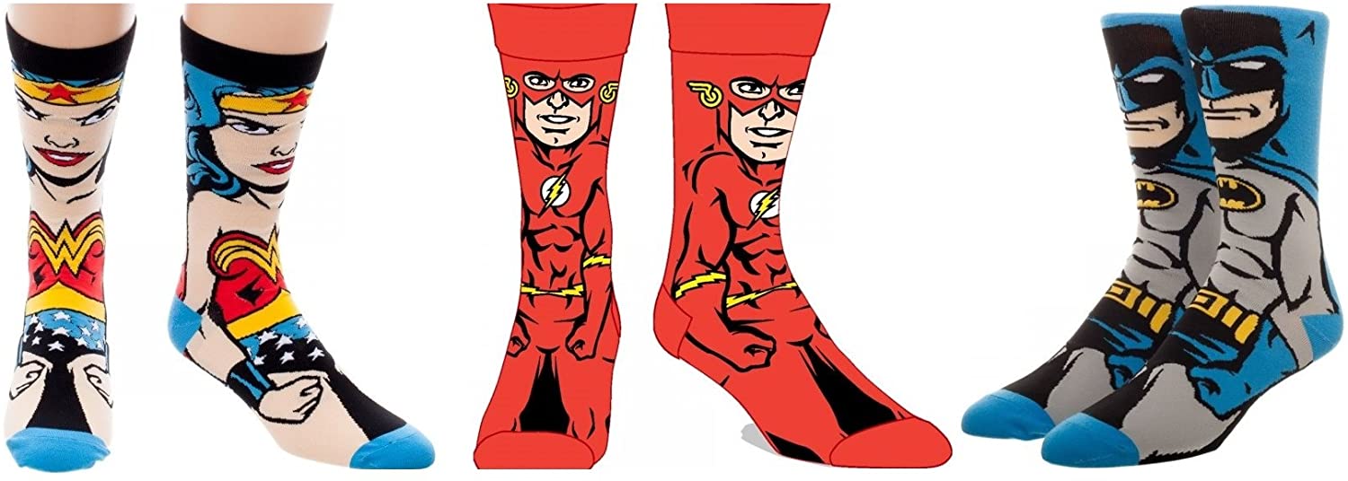 Justice League Men's Crew Sock 3 Pairs Batman Wonder Woman and Flash