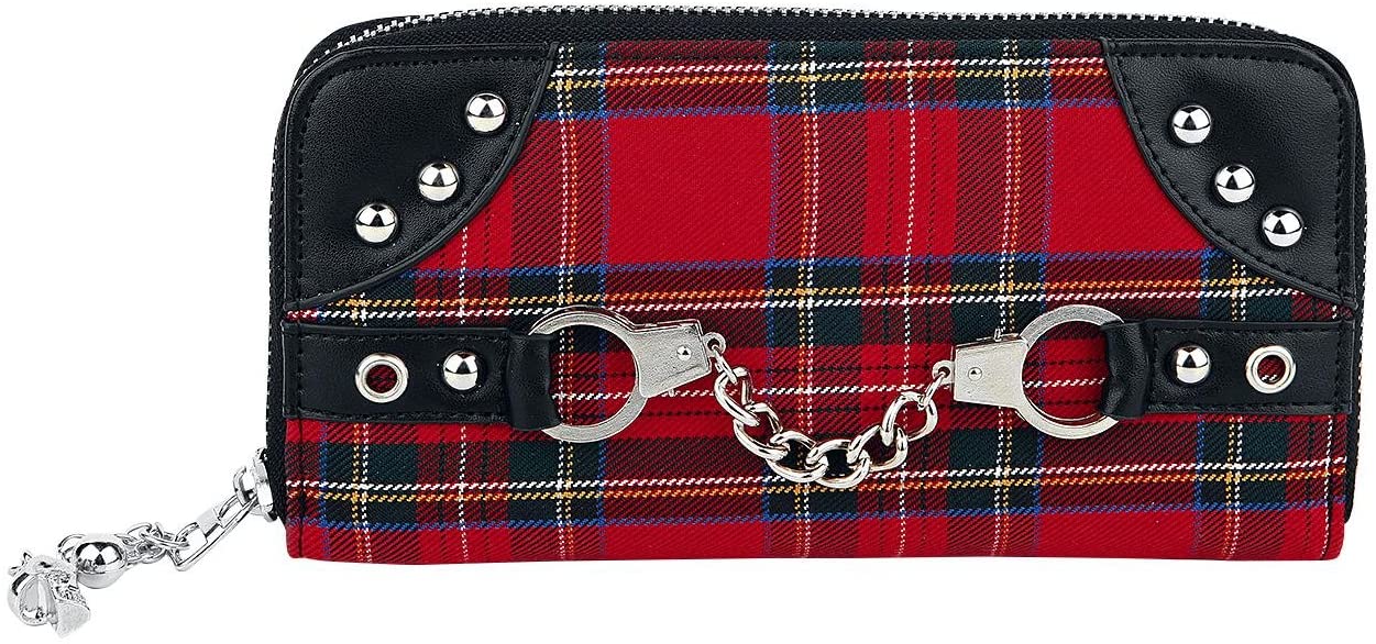 Lost Queen Red Tartan Plaid Punk Handcuff Skull Charm Zip Around Wallet