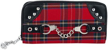 Lost Queen Red Tartan Plaid Punk Handcuff Skull Charm Zip Around Wallet