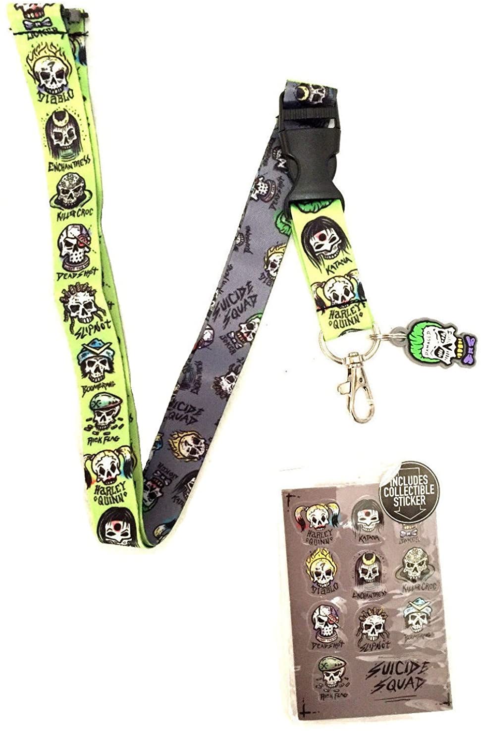 DC Comics Suicide Squad Team Skulls Reversible Breakaway Keychain Lanyard with ID Holder, Joker Rubber Charm and Collectible Sticker