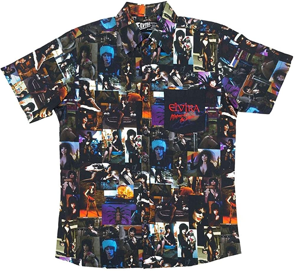 kreepsville 666 Elvira Mistress of The Dark Movie Shirt Men's Button Down Collared Short Sleeve Photo Collage Sublimated Horror Print