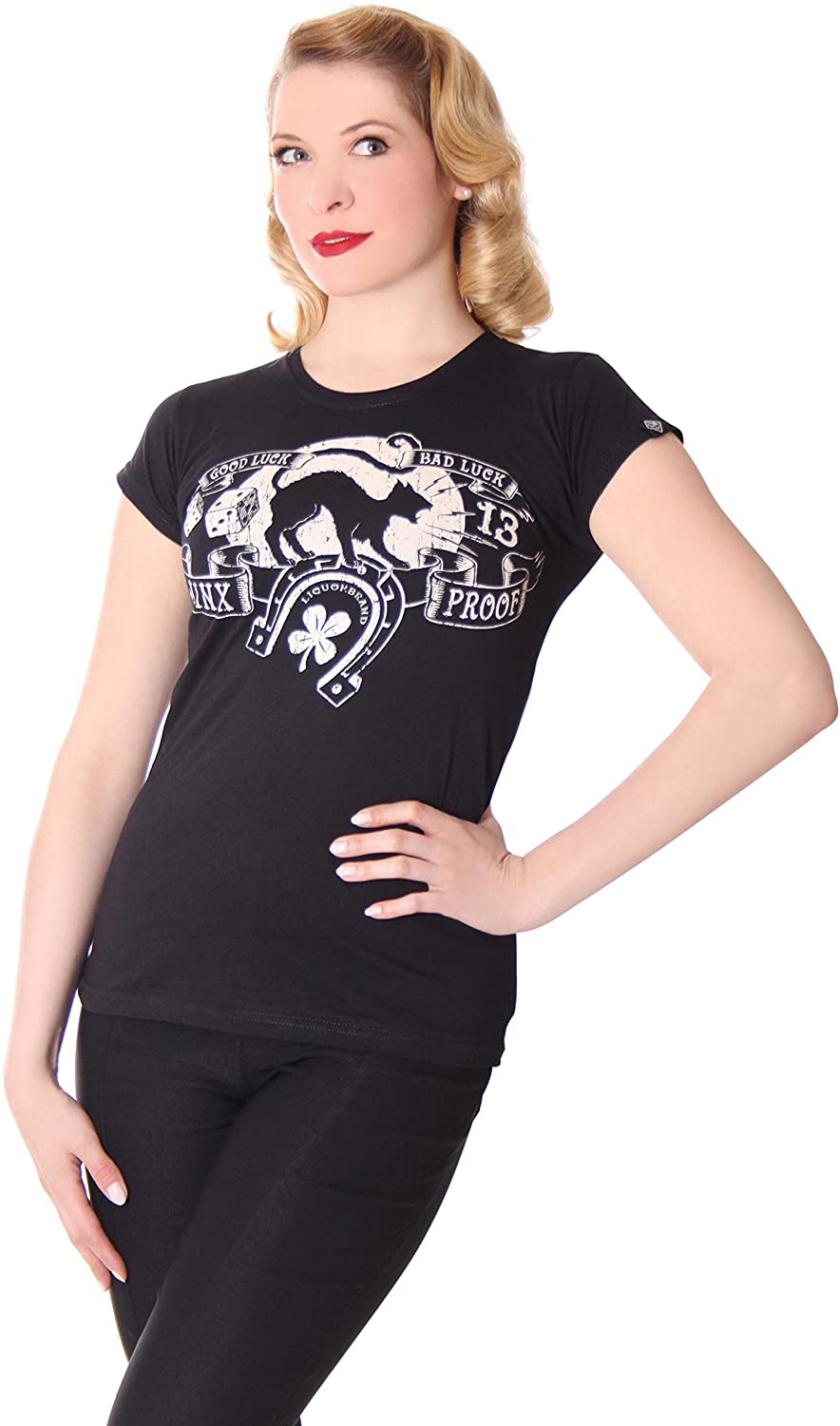 Liquorbrand Superstitious Women's T-Shirt Halloween Black Cat Goth Luck Juniors Tee